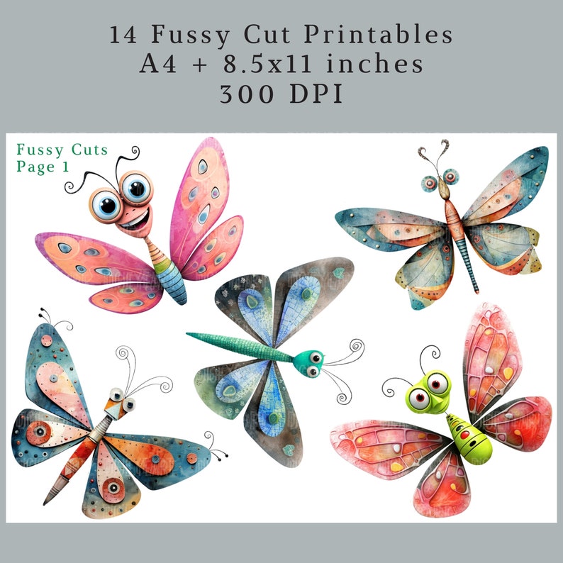 May include: A set of five printable fussy cut images of colorful butterflies with whimsical details. The butterflies are in various poses and have different patterns and colors, including pink, blue, green, and orange. The text "Fussy Cuts Page 1" is in the top left corner of the image.
