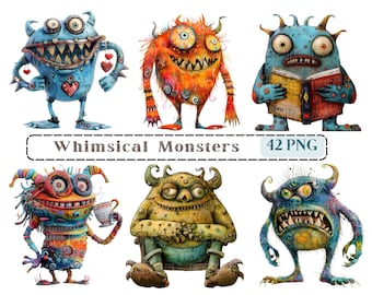 May include: Set of six whimsical cartoon monster illustrations. The monsters are colorful and have different expressions. The illustrations are in PNG format and are 300 DPI.