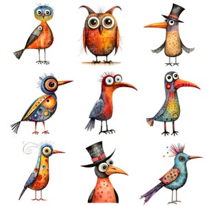 Puede incluir: Una colecci&oacute;n de nueve ilustraciones de acuarela caprichosas de p&aacute;jaros coloridos con patrones y dise&ntilde;os &uacute;nicos. Los p&aacute;jaros tienen ojos grandes, picos largos y varias formas de cuerpo. Algunos p&aacute;jaros llevan sombreros o tienen plumas en la cabeza.