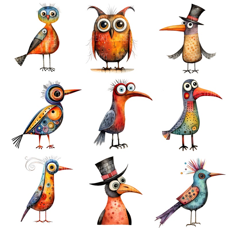 Puede incluir: Una colecci&oacute;n de nueve ilustraciones de acuarela caprichosas de p&aacute;jaros coloridos con patrones y dise&ntilde;os &uacute;nicos. Los p&aacute;jaros tienen ojos grandes, picos largos y varias formas de cuerpo. Algunos p&aacute;jaros llevan sombreros o tienen plumas en la cabeza.