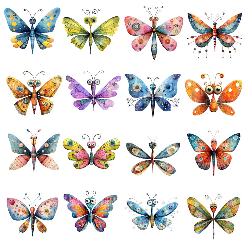 May include: A collection of 16 colorful, whimsical butterflies with intricate patterns and details. Each butterfly has a unique design and color scheme, including blue, green, yellow, orange, red, and purple.