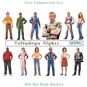 May include: Twelve digital illustrations of characters from the movie Talladega Nights: The Ballad of Ricky Bobby. The characters are depicted in various poses and wearing different outfits. The illustrations are in a cartoon style and have a high-quality resolution.