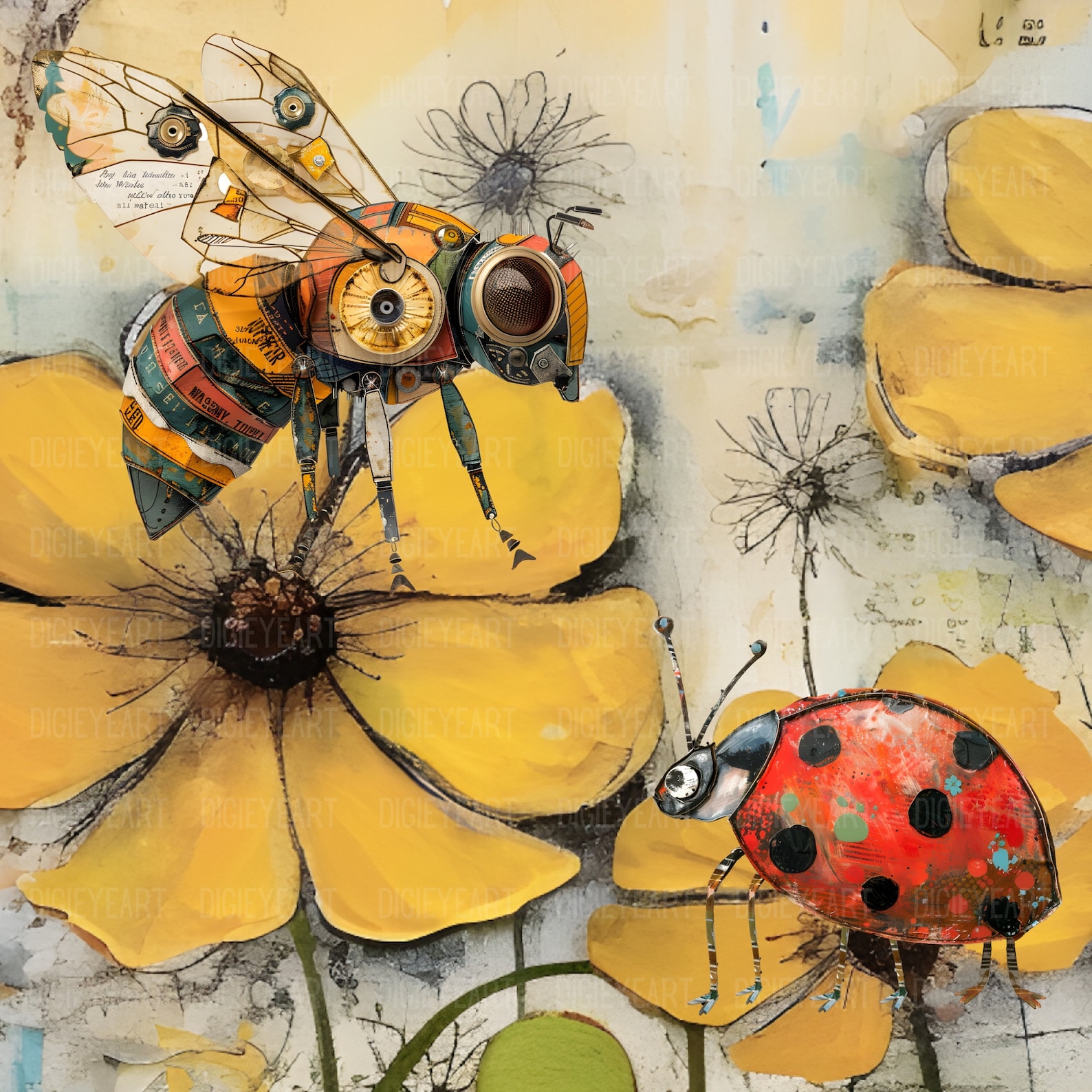 Whimsical Insect Clipart, Mixed Media Quirky Bee CU Clip Art, Ladybug ...