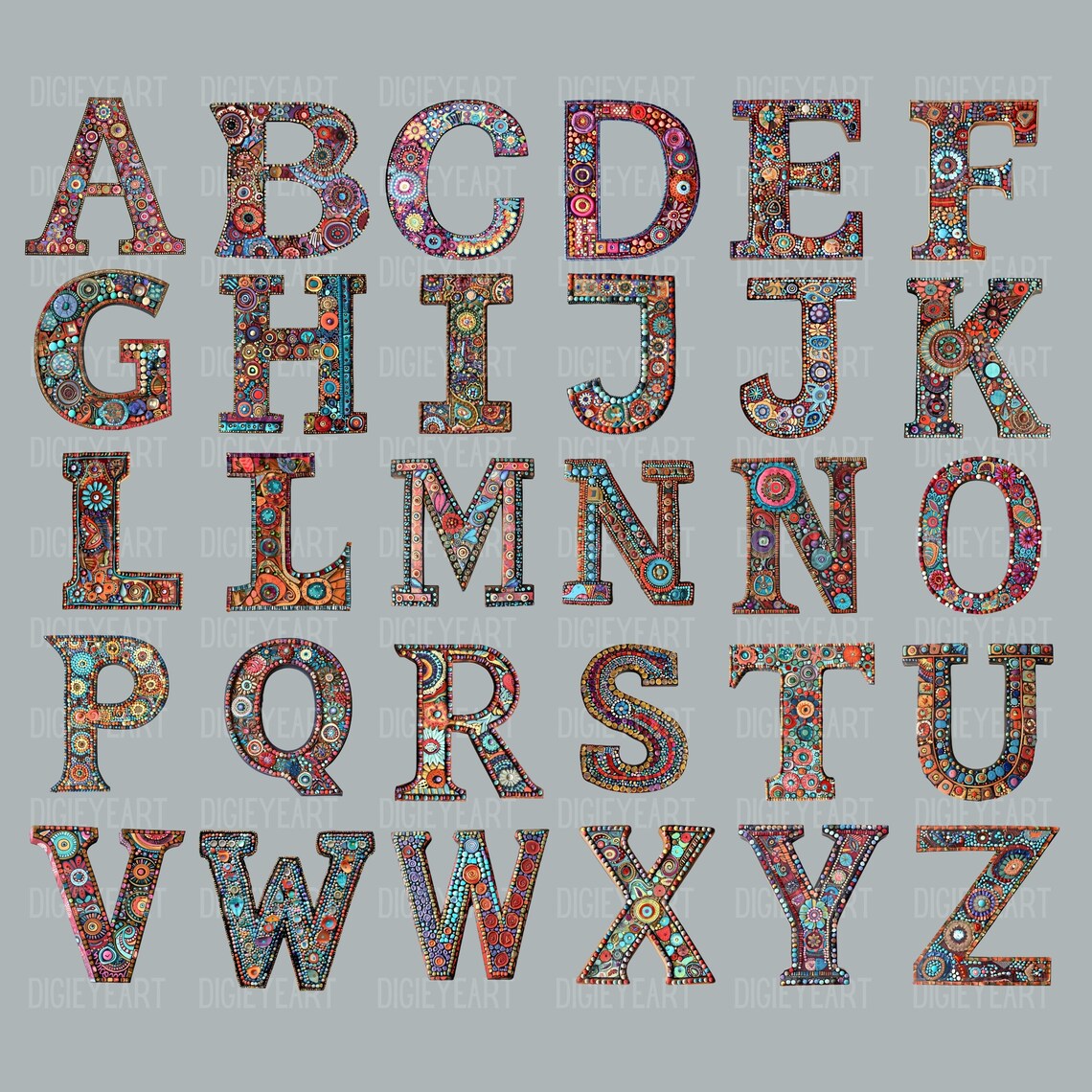 Boho Alphabet Clipart, Letters CU Clip Art, Bohemian Initials PNG ...