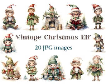 Vintage Christmas Elf Clipart, Watercolor Elf Clip Art, Vintage Elves Jpg, Retro Illustration Image, Bundle White Backgound pictures,300 DPI