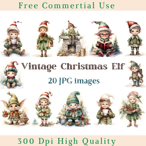 Vintage Christmas Elf Clipart, Watercolor Elf Clip Art, Vintage Elves Jpg, Retro Illustration Image, Bundle White Backgound pictures,300 DPI