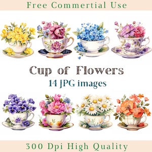 Aquarell Tasse Blumen Clipart, Tasse Clip Art, Blumen Jpg, Teetasse Bilder, Bundle Weißer Hintergrund Bilder, 300 DPI, Vintage Tasse Bilder