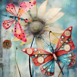 May include: A watercolor painting of a large white flower with a yellow center. Two butterflies are perched on the flower. One butterfly is red and blue with a geometric pattern. The other butterfly is pink with black spots. The background is a light blue watercolor wash.