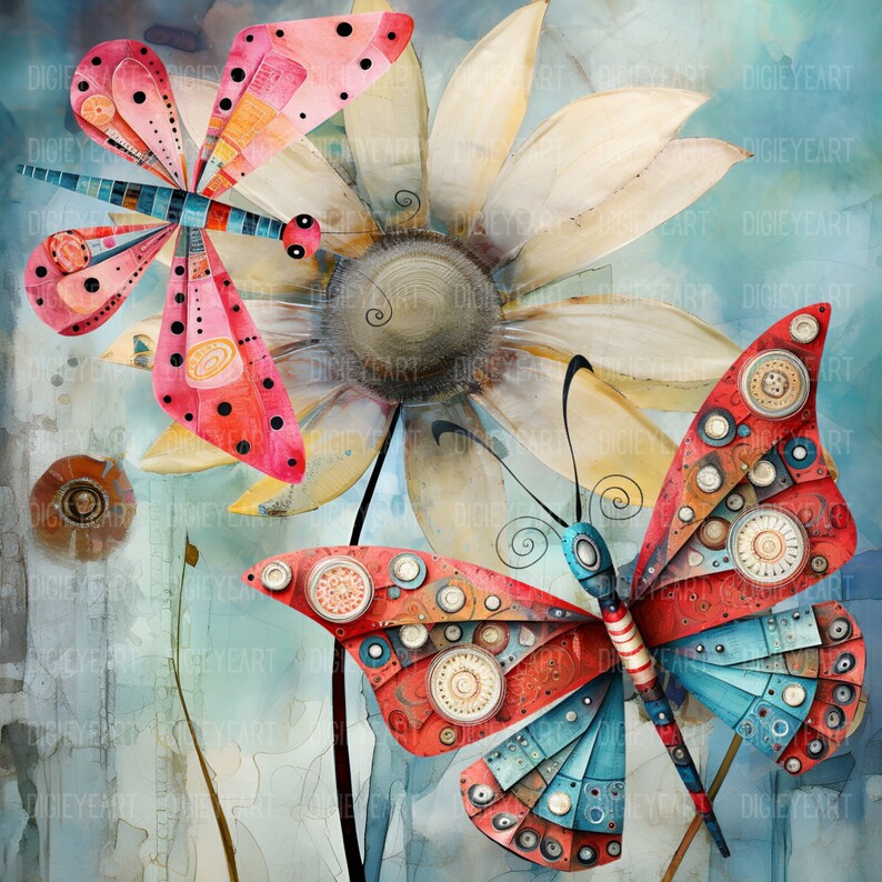 May include: A watercolor painting of a large white flower with a yellow center. Two butterflies are perched on the flower. One butterfly is red and blue with a geometric pattern. The other butterfly is pink with black spots. The background is a light blue watercolor wash.