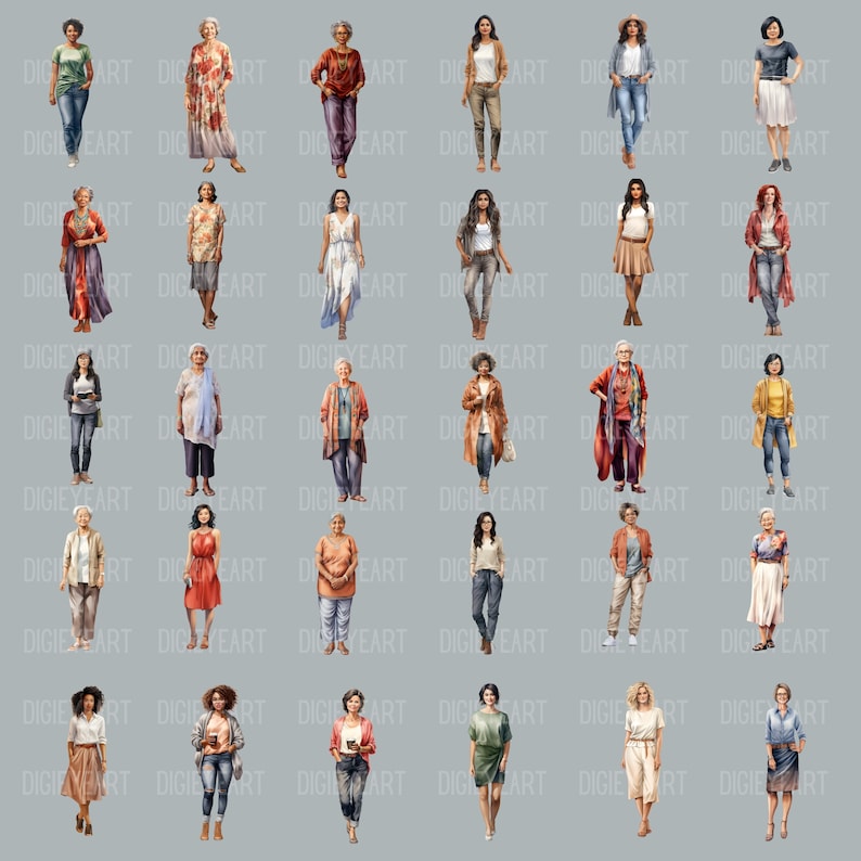 Casual vrouwen clipart, Aziatische zwarte Indiase vrouwen CU illustraties, etnische diversiteit beelden, transparante achtergrondafbeelding, 300 DPI, oude dames PNG afbeelding 4