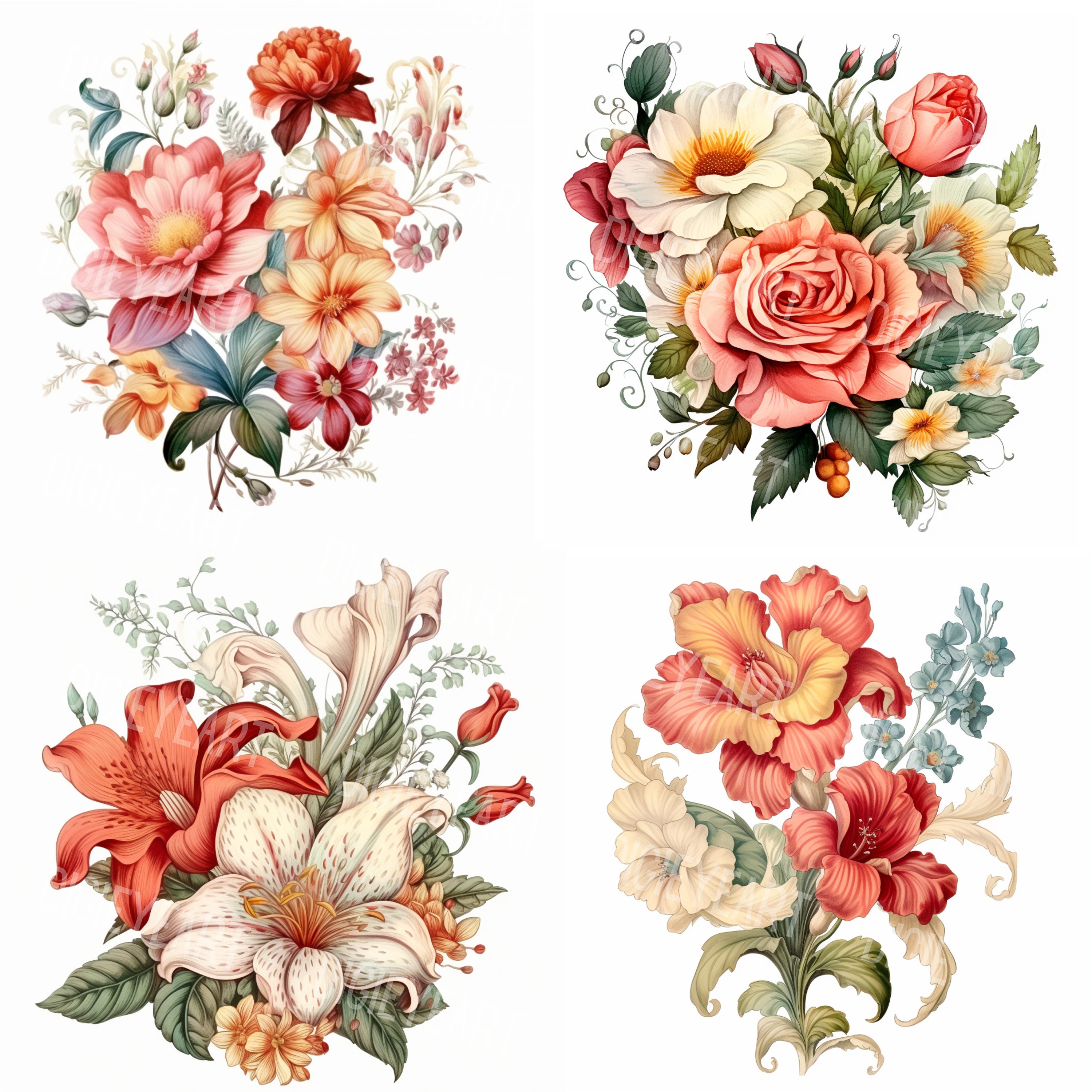 Rococo Flower Sticker Rococo Flowers Clipart, Flower Clip Art, Rose and Lily Jpg, Bouquets ...