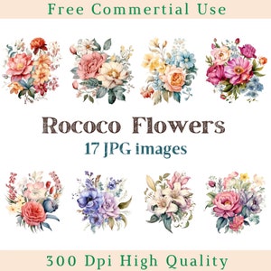 Rococo Flowers Clipart, Flower Clip Art, Rose and Lily Jpg, Bouquets Images, Bundle White Backgound pictures, 300 DPI, Rococo Style Pictures