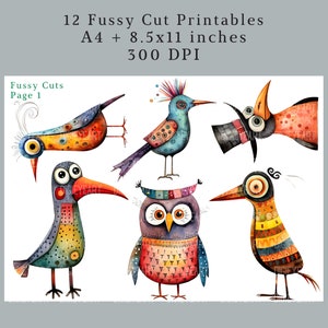 Puede incluir: Un conjunto de 12 im&aacute;genes imprimibles de corte delicado que representan p&aacute;jaros caprichosos y un b&uacute;ho. Las im&aacute;genes son coloridas y detalladas, con una variedad de patrones y texturas. Las im&aacute;genes son perfectas para proyectos de manualidades, scrapbooking y m&aacute;s.