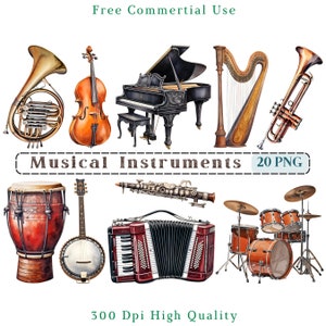 Imágenes prediseñadas de instrumentos musicales, Clip Art de música Png, Piano, Guitarra, Violín, Imágenes de arpa, Uso comercial, Imagen de fondo transparente, 300 DPI