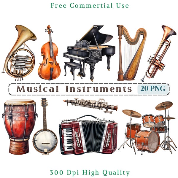 Imágenes prediseñadas de instrumentos musicales, Clip Art de música Png, Piano, Guitarra, Violín, Imágenes de arpa, Uso comercial, Imagen de fondo transparente, 300 DPI