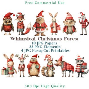Imágenes prediseñadas caprichosas de animas del bosque de Navidad, imágenes prediseñadas CU de animales extravagantes de medios mixtos, gráficos de animales PNG, elementos caprichosos, kit Digi de diario