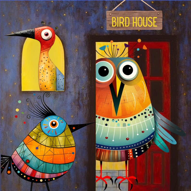 Puede incluir: Una ilustraci&oacute;n colorida de tres p&aacute;jaros. El p&aacute;jaro de la izquierda es rojo y amarillo con un pico largo. El p&aacute;jaro del centro es azul, naranja y amarillo con un pico corto. El p&aacute;jaro de la derecha es naranja, azul y verde con un pico corto. El p&aacute;jaro de la derecha est&aacute; de pie frente a una puerta roja con un letrero que dice "Bird House".