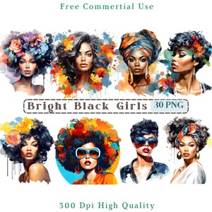 Bright Afro Girl Clipart, Floral Black Girl CU Clip Art, Composite Elements Png, Black Woman Portrait, 300 DPI, Floral Afro Woman Clipart