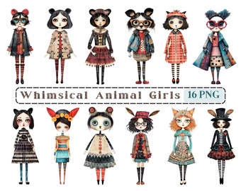 Whimsical Animal Girls Clipart, Mixed Media Quirky Girl CU Clip Art, Animal Kids Graphics PNG, Transparent Background,Funny Children Picture