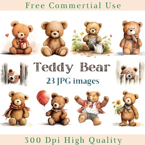 Clipart de urso de pelúcia em aquarela, clipart de urso de pelúcia, animais fofos Jpg, imagens de urso fofo, imagem de fundo branco, 300 DPI, brinquedo de pelúcia fofo