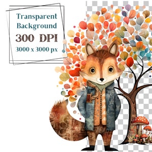 Peut inclure: Une illustration aquarelle d'un renard portant une veste bleue et une &eacute;charpe debout devant un arbre aux feuilles color&eacute;es. Le renard a une queue brune et blanche et se tient sur un fond blanc.