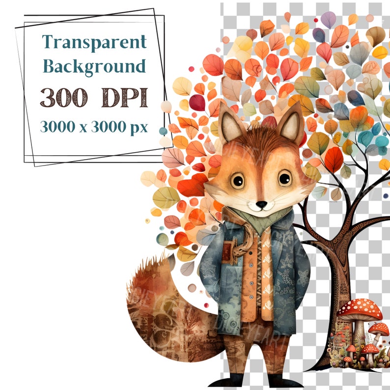 Peut inclure: Une illustration aquarelle d'un renard portant une veste bleue et une &eacute;charpe debout devant un arbre aux feuilles color&eacute;es. Le renard a une queue brune et blanche et se tient sur un fond blanc.