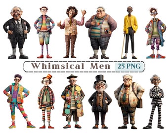 Whimsical Men Clipart, Mixed Media Quirky Man CU Clip Art, Old Man Graphics PNG, Transparent Background,Funny Man Picture,Whimsical Elements