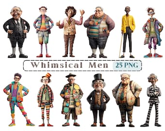 Whimsical Men Clipart, Mixed Media Quirky Man CU Clip Art, Old Man Graphics PNG, Transparent Background,Funny Man Picture,Whimsical Elements