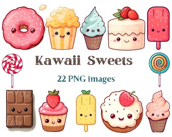 Kawaii Sweets Clipart, Kawaii Cakes Clip Art, Candies and Ice Cream Png, Lollipop Images, Bundle Transparent Backgound pictures, 300 DPI