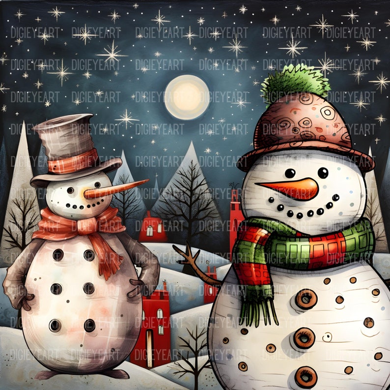 May include: Two snowmen standing in a snowy winter scene. The snowman on the left is wearing a black and red hat and a red scarf. The snowman on the right is wearing a brown hat with a green pom-pom and a red and green scarf.