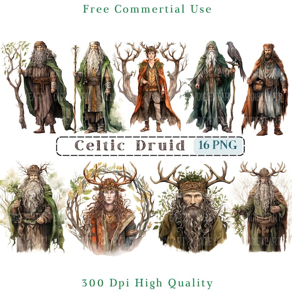 Aquarelle Celtic Druid Clipart, Irish Wizard Clip Art Png, Celtic Druid CU Clipart, Image de fond transparent, 300 DPI, Magicien de la forêt