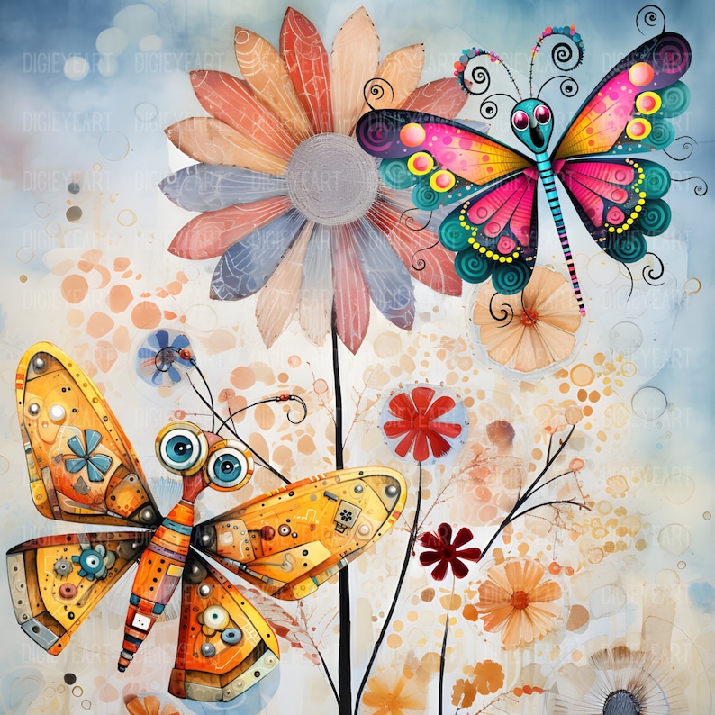 May include: A whimsical illustration of two butterflies on a floral background. One butterfly is made of metal with gears and cogs, while the other is colorful with pink and blue wings. The background features a large flower with petals in shades of pink, blue, and gray.