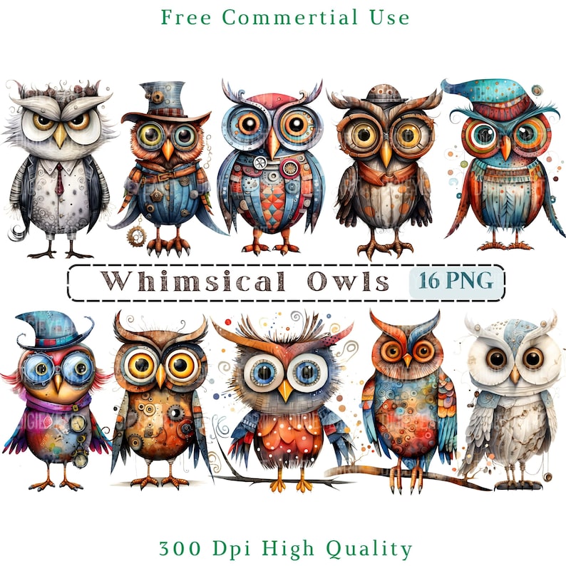May include: Set of 16 whimsical owl illustrations in PNG format. The owls are colorful and feature intricate details, including gears, feathers, and patterns. The illustrations are 300 DPI and high quality.