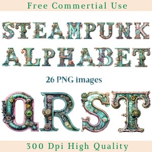 Clipart alfabeto Steampunk pastello, ClipArt di lettere, iniziali PNG, immagini di lettere, immagini di sfondo trasparente, 300 DPI, immagine Steampunk