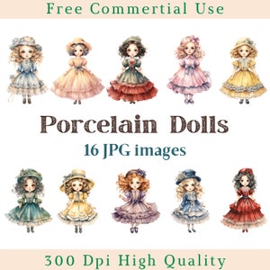 Clipart de bonecas de porcelana aquarela, clipart de bonecas, brinquedo Jpg, imagens de boneca de porcelana, pacote de imagens de fundo branco, 300 DPI, fotos de meninas