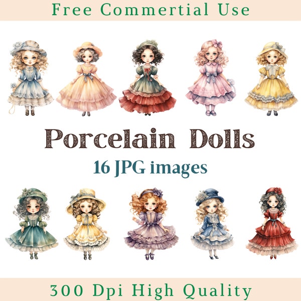 Watercolor Porcelain Dolls Clipart, Dolls Clip Art, Toy Jpg, Porcelain Doll Images, Bundle White Background pictures, 300 DPI, Girl Pictures