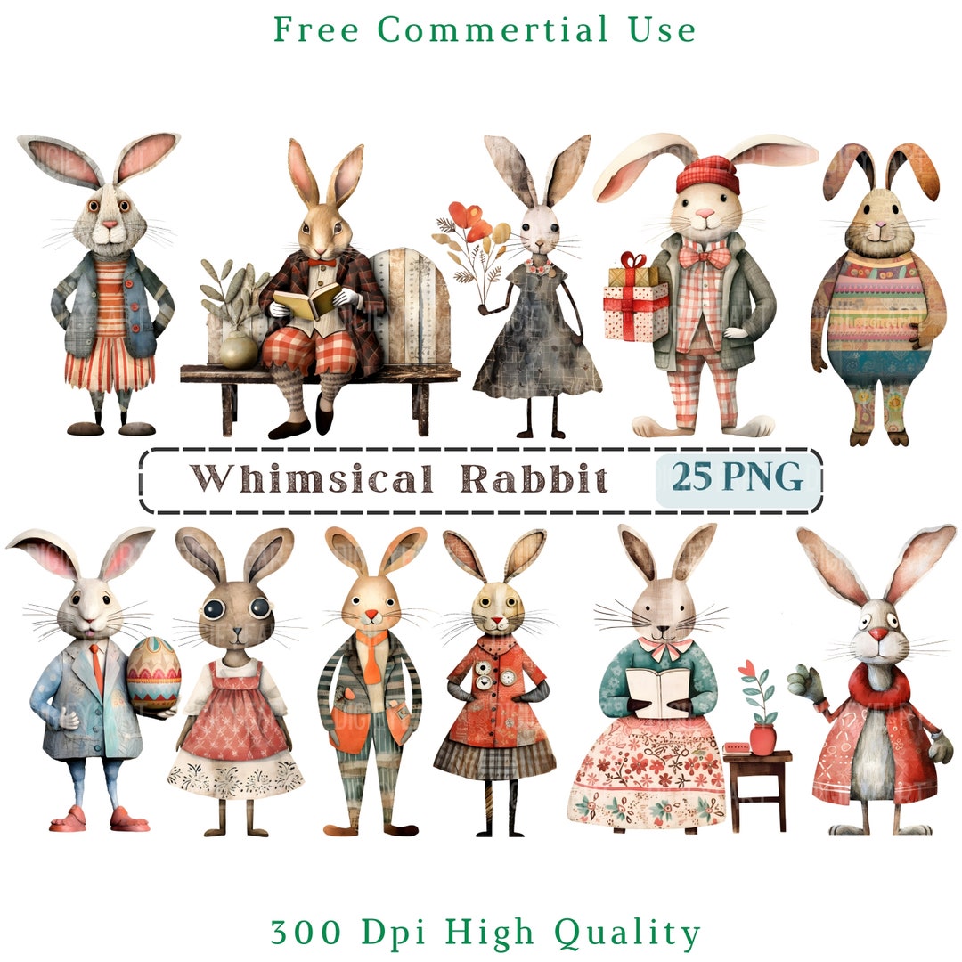 Whimsical Rabbit Clipart, Quirky Bunny Clip Art, Cute Mixed
