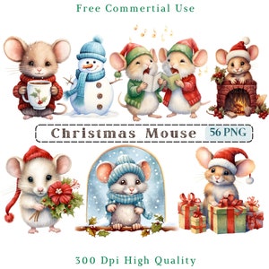 Clipart souris de Noël, clipart souris hiver, Jpg de jolies souris de Noël, Images d'animaux, fond Transparent, 300 DPI, graphiques de souris CU