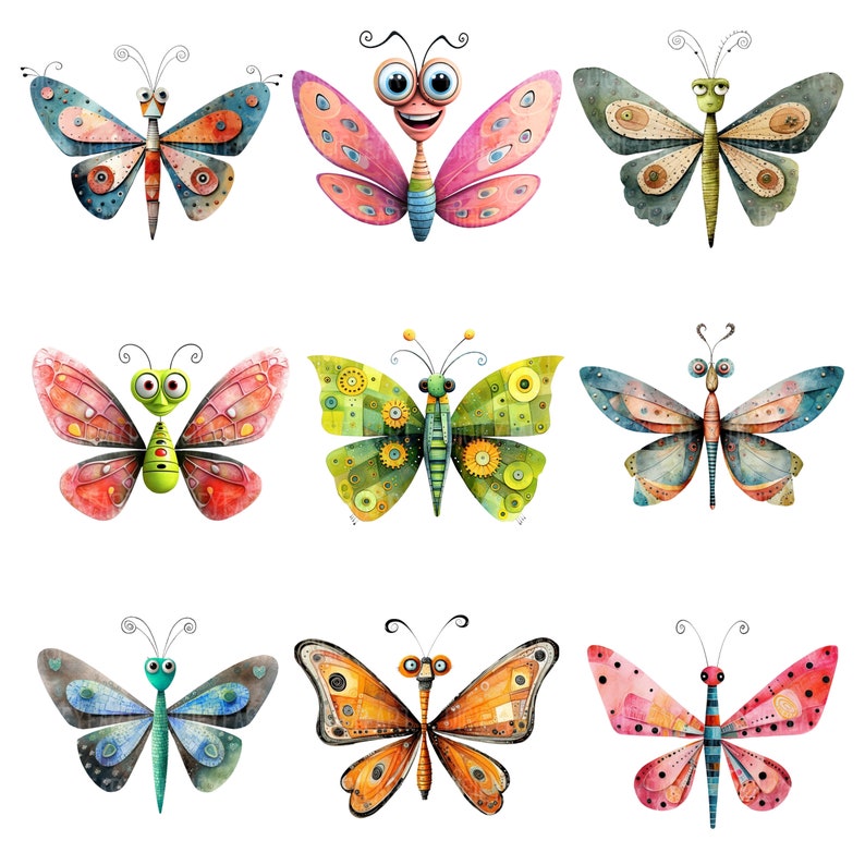 May include: Nine colorful butterflies with different patterns and designs. The butterflies are painted in watercolor style and have a whimsical, cartoonish look.