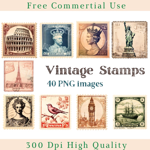 Vintage Stamp Clipart, Post Stamps Clip Art, Retro Post Stamp PNG, People and Places Stamp Images, Transparent Background pictures, 300 DPI