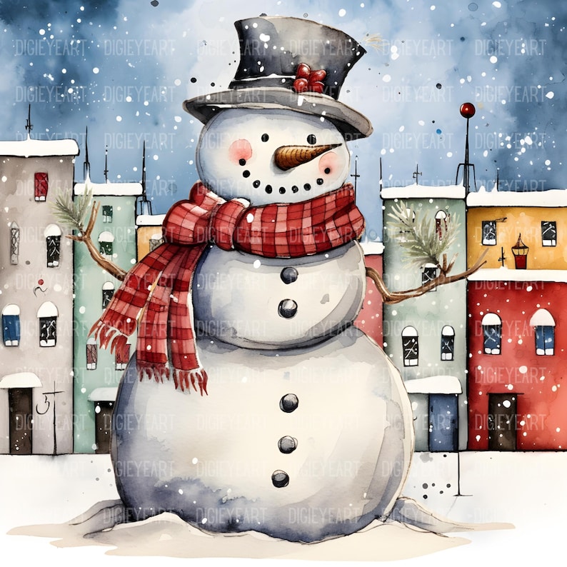 May include: A snowman with a red and black plaid scarf and a black top hat stands in front of a row of colorful houses. Snow is falling in the background.