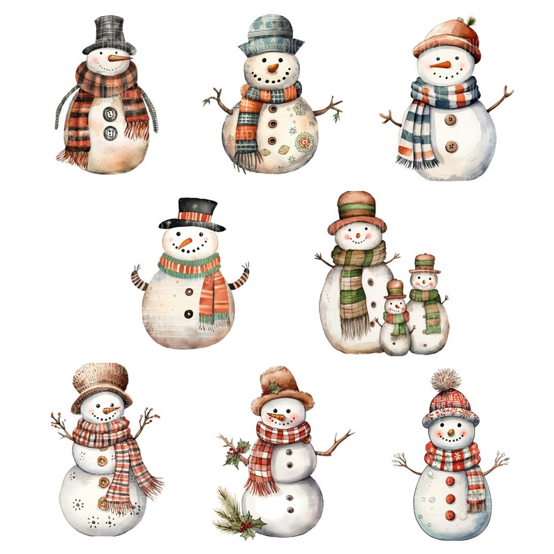 May include: A collection of eight watercolor illustrations of snowmen with various hats, scarves, and accessories. The snowmen are all smiling and have a festive, wintery feel.