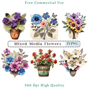 Mixed Media Flowers, Junk Journal Spring Flowers, Fussy Cut Printables, Floral Graphics Png, Transparent Background, 300 DPI, Scrapbooking