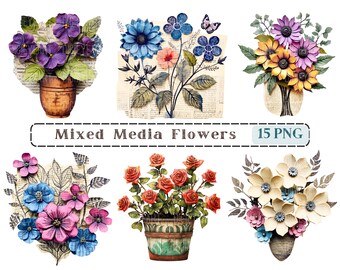 Mixed Media Bloemen, Junk Journal Lentebloemen, Kieskeurige Cut Printables, Floral Graphics Png, Transparante Achtergrond, 300 DPI, Scrapbooking
