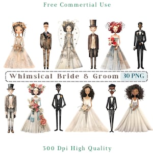 Whimsical Bride & Groom Clipart, Mixed Media Quirky Wedding CU Clip Art, Bride Graphics PNG, Transparent Background, Funny Girls Picture Png