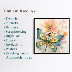 May include: A digital art print featuring a colorful butterfly with yellow and green wings, perched on a pink flower with a yellow center. The background is a watercolor wash of pink, yellow, and blue.