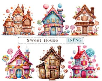 May include: Six colorful cartoon houses decorated with candy, lollipops, and sprinkles. The houses are set against a white background. The text "Sweet House" and "16 PNG" are at the bottom of the image. The text "300 Dpi High Quality" is at the bottom of the image.