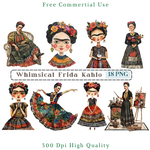 Whimsical Frida Kahlo Clipart, Mixed Media Quirky Frida CU Clip Art, Woman Graphics PNG, Transparent Background, Cute Artist Frida Scrapbook