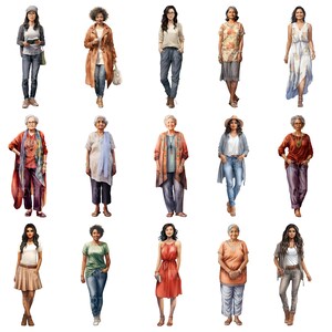 Casual vrouwen clipart, Aziatische zwarte Indiase vrouwen CU illustraties, etnische diversiteit beelden, transparante achtergrondafbeelding, 300 DPI, oude dames PNG afbeelding 2