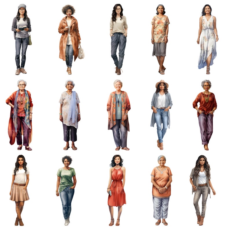 Casual vrouwen clipart, Aziatische zwarte Indiase vrouwen CU illustraties, etnische diversiteit beelden, transparante achtergrondafbeelding, 300 DPI, oude dames PNG afbeelding 2